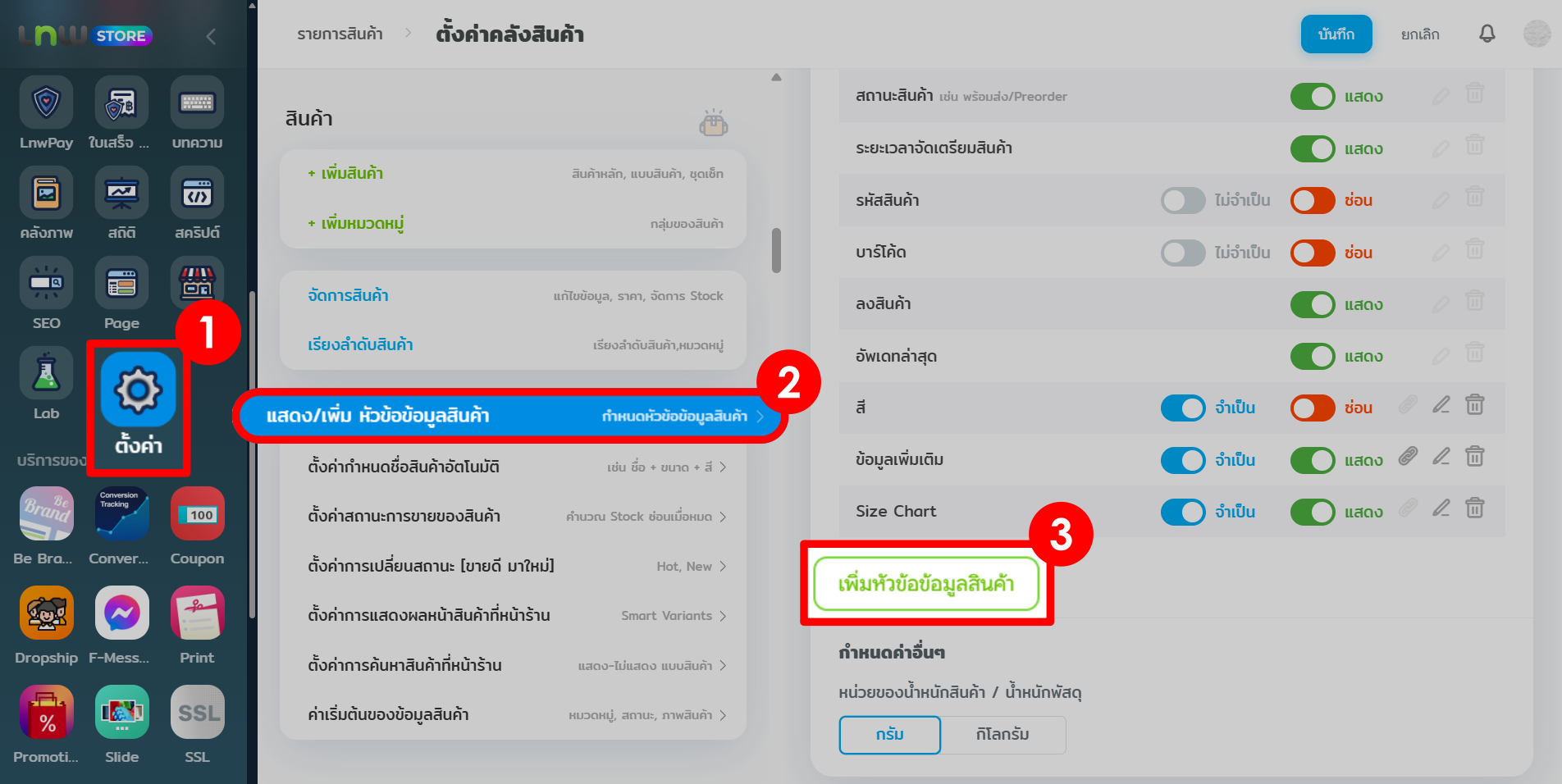 กำหนดภาพ Size Chart